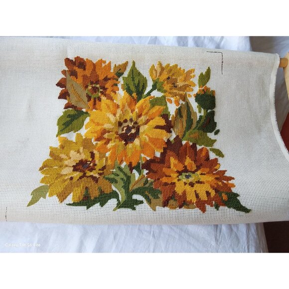Penelope Soleil sunflower needlepoint canvas partially completed on wood frame - Picture 1 of 8